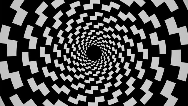 Monochrome geometric spiral vortex rotating optical illusion illustration for creative web design