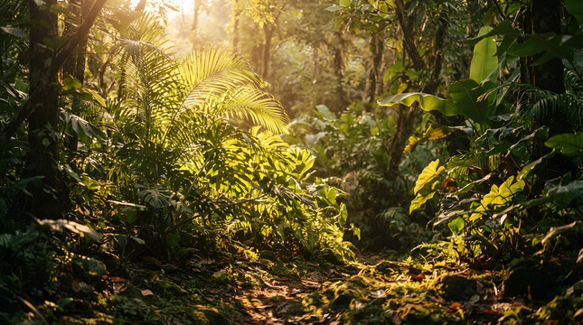 Closeup view of vibrant green fern leaves in forest undergrowth.
