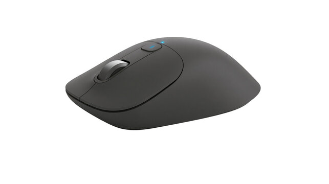 Ergonomic dark gray computer mouse with scroll wheel, isolated on transparent background