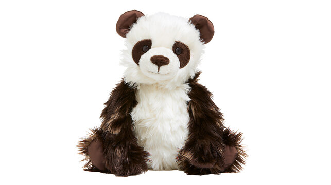 Fluffy plush panda toy with brown accents, isolated on transparent background