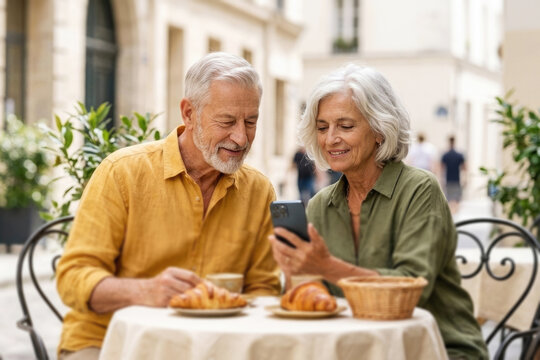 Smiling elderly couple watching smartphone screen over coffee and croissants at outdoor cafe