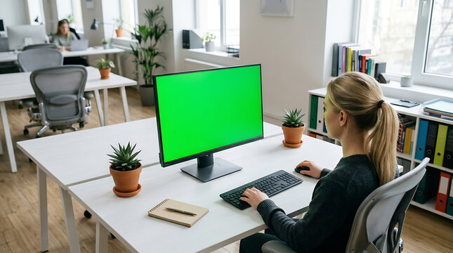 A blonde professional woman sits at a white desk while using a modern computer monitor featuring a bright green chroma key screen to perform daily tasks in a clean office.