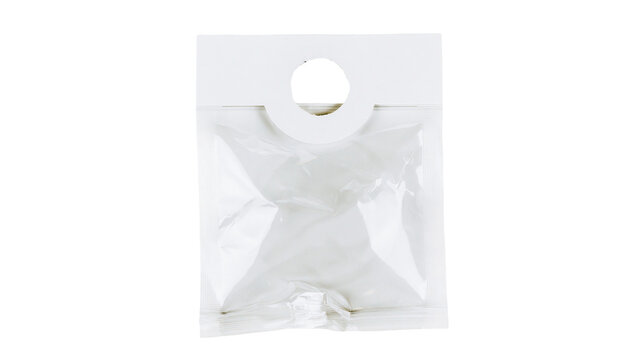 Clear plastic packaging bag with hanging tab, isolated on transparent background