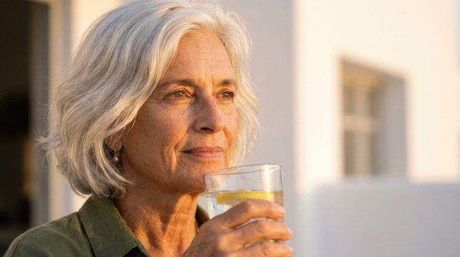 Profile portrait of senior woman with grey hair drinking water with lemon outdoors
