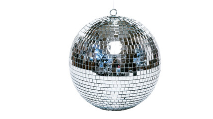 Obraz premium Shiny disco ball with mirrored squares, isolated on transparent background