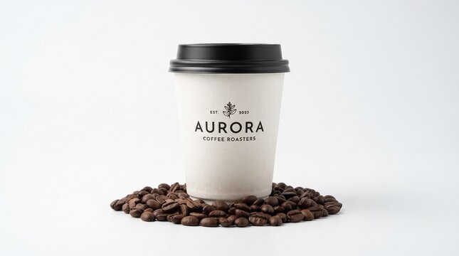 ​A minimalistic studio shot features a white paper coffee cup with a black lid centered against a plain white background.