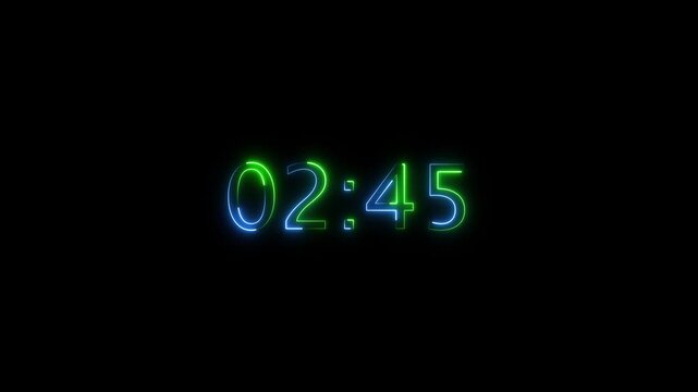 Glowing neon 3 minutes countdown with black background.3 Minute Digital Negative Countdown. seconds on transparent background 180 second countdown timer, Countdown video with alpha channel