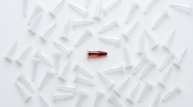 Single Red Laboratory Microcentrifuge Tube Surrounded by Many Empty Clear Plastic Conical Vials