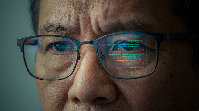 Close-up shot of a programmer wearing glasses, reflecting computer code in the lenses, conveying deep concentration and intellectual effort.