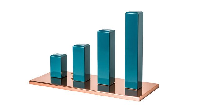 Teal rectangular bars of increasing height on a copper base, isolated on transparent background