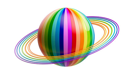 Colorful striped planet with rainbow rings, isolated on transparent background © AnaMaria