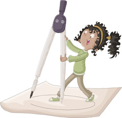 A cartoon girl with curly hair is using a giant compass to draw a circle on a piece of paper. Kid studying Geometry.
