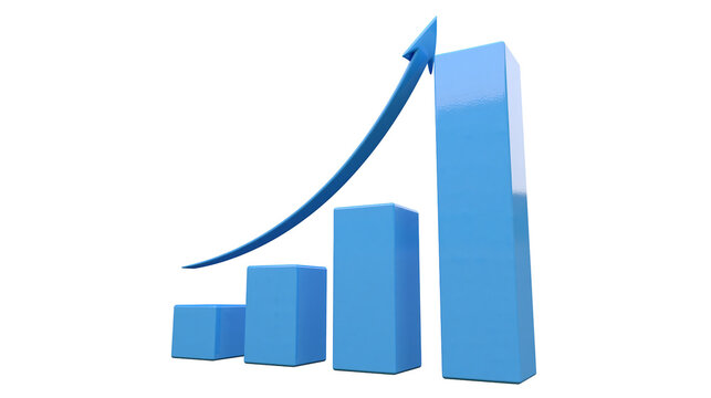 Blue bar graph with rising arrow, isolated on transparent background