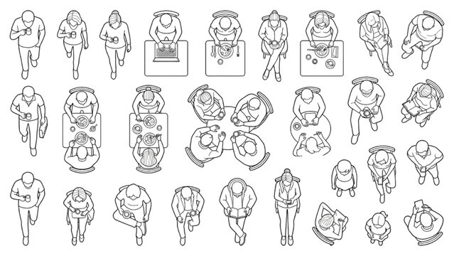 Top View Vector Icons Set Featuring People Walking Sitting and Working in Various Daily Scenarios