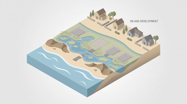 Coastline retreat wetlands replacing shoreline houses isometric planning concept