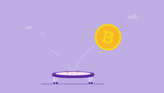 Golden bitcoin bounce back on the trampoline rising up on price graph. Bitcoin price rebound, crypto currency bounce back to rising up after falling down concept.