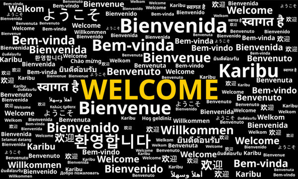 Multilingual Welcome Word Cloud in Various Languages. Creative Black Backdrop Worldwide Hospitality Word Cloud Graphic Asset. 