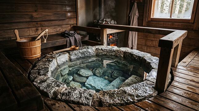 Rustic Wooden Sauna Interior with a Natural Stone Hot Tub and Cozy Fireplace for Relaxation and Wellness