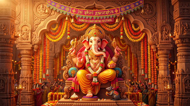 Lord Ganesha Idol in Temple for Ganesh Chaturthi Festival Celebration