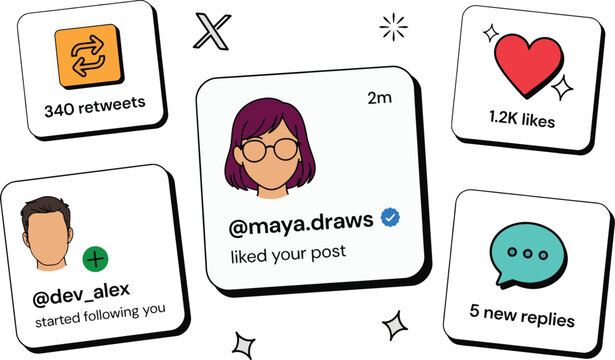 Social Media Notification Popup Cards Retweets Likes New Followers Liked Post Mentioned Profile Avatar UI Design Flat Vector Illustration