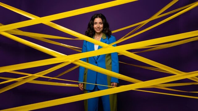 Woman in blue suit entangled in yellow caution tape against purple background