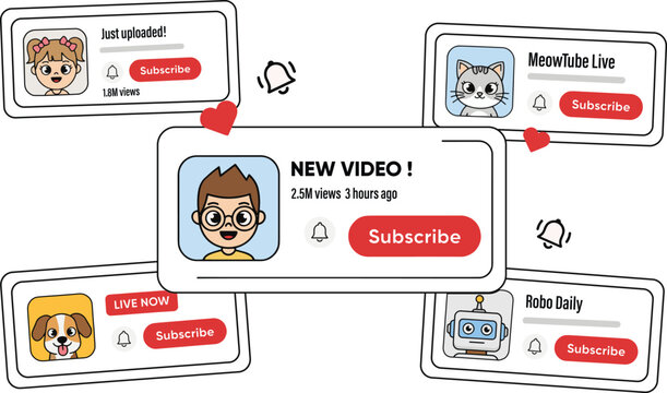 YouTube Channel New Video Notification Subscribe Button Live Stream Avatar Profile Cards Social Media Creator UI Flat Vector Illustration