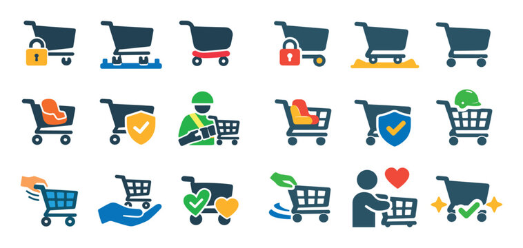 Shopping cart safety and secure design icon set with wheel lock child seat and stable stance for presentation design in colorful style