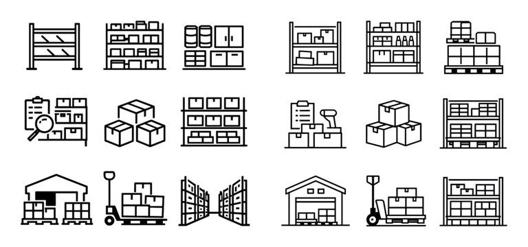 Supermarket storage and stock UI elements with warehouse zone supply storage and goods handling for mobile design in minimal monoline style