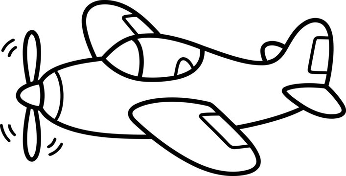 Cute cartoon airplane with spinning propeller, simple line art illustration for kids