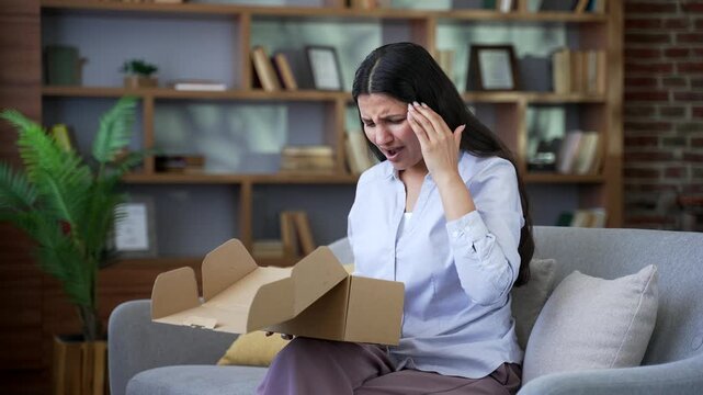 Disappointed young woman open package with wrong product at home. Unhappy female receiving parcel with damaged item, bad shipping service. Buyer unpacking bad purchase sitting on sofa in living room.