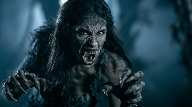 Fierce Female Werewolf Snarling Under Full Moon in Dark Forest