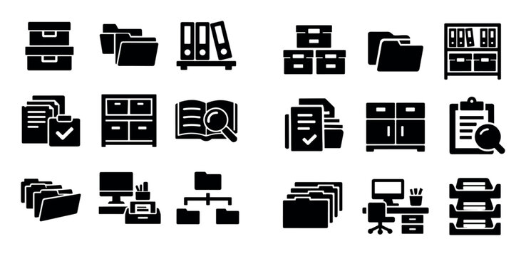 Office storage and record keeping icon set with archive shelves file folders and document boxes for presentation design in solid vector style
