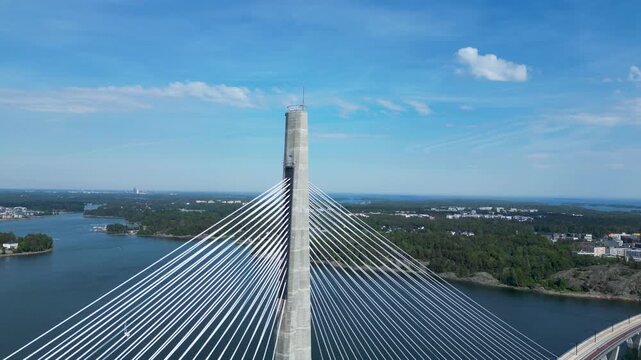 Aerial drone footage of Kruunuvuorensilta, the new bridge connecting Kruununhaka and Laajasalo in Helsinki, Finland. The footage showcases the modern bridge.