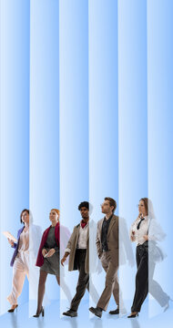 Diverse business professionals walking through recruitment pipeline representing modern hiring process. Concept of hiring, recruitment, employer branding, talent acquisition and workforce diversity.