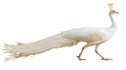 Elegant white peacock with long tail feathers, isolated on transparent background © AnaMaria