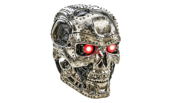 Detailed metallic cyborg skull with glowing red eyes, isolated on transparent background