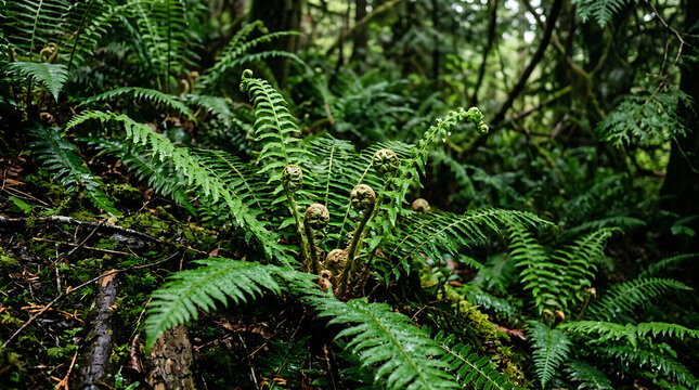 Lush Green Forest Ferns with Unfurling Fronds in a Dense Wilderness Scene