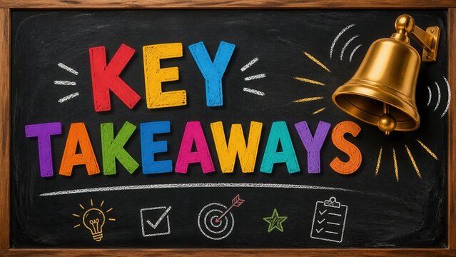 Colorful key takeaways text on blackboard with ringing bell and education learning concept display