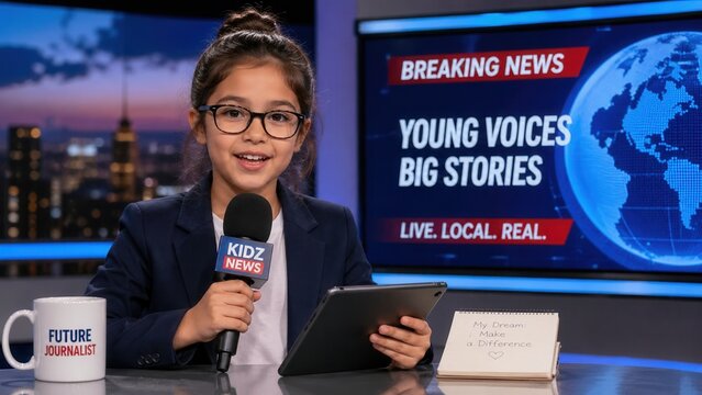Young student journalist presenting news broadcast in modern television studio with tablet device