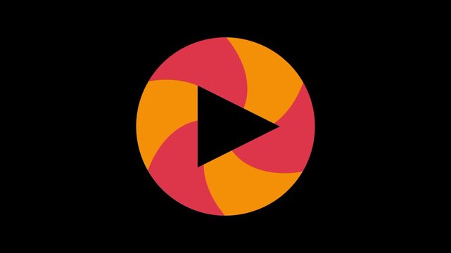 Circular play button icon featuring an orange and pink pinwheel design glowing brightly against a plain dark background for media app branding use