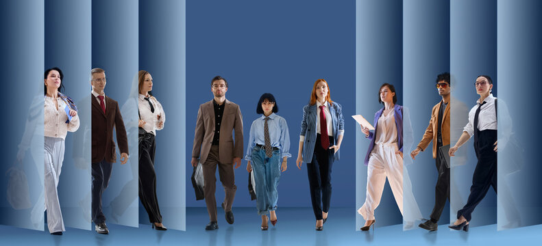 Diverse workforce lineup showcasing employer branding, corporate culture and inclusive hiring. Concept of employer branding, recruitment marketing, diverse teams and workplace inclusion.