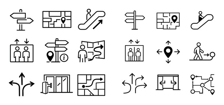 Shopping mall and navigation icon set with elevator lobby visitor guidance and wayfinding system for mobile design in minimal glyph style