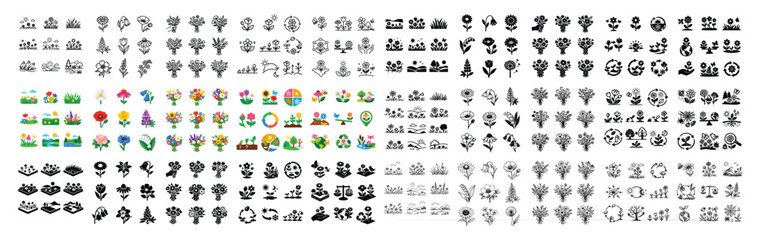 Obraz premium Nature and environment design icons with flowers, grass, and plants for infographic design in outline style