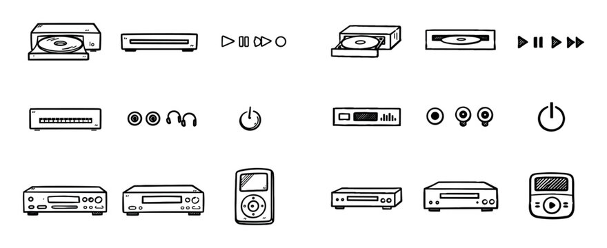 Hand-drawn sketch icons and cd players icon set with display screen audio output and power switch for user interface line art design