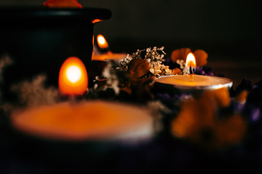 Warm tea light candles burning in a floral arrangement with purple and orange flowers for Diwali festival decoration