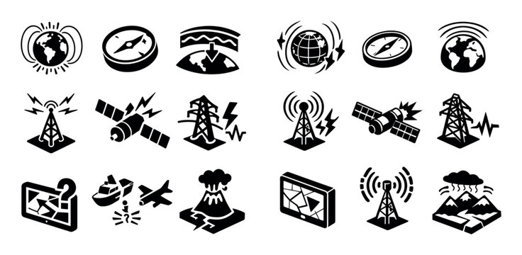 Geomagnetic disturbance and earth effects icon set with compass deviation ionosphere change and radio interference for web design in isometric style