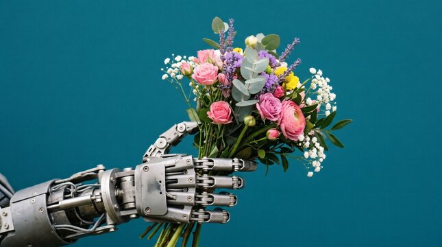 A robotic hand holds a colorful bouquet of flowers against a blue background.