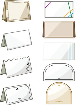 Collection of blank table place cards and name tags featuring diverse designs, ready for personalizing seating arrangements and guest names at special events or celebrations