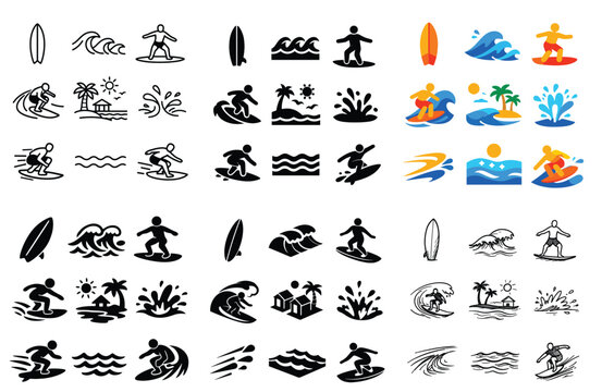 Surfing and ocean vector icons with waves, board and sun for mobile app marketing in vibrant vector art