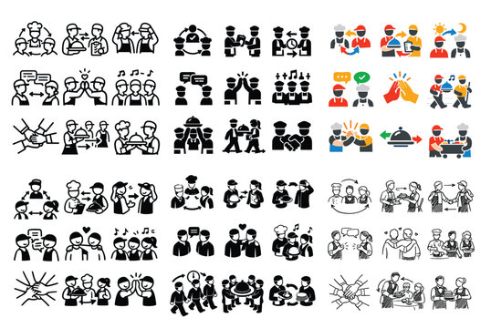 Teamwork and restaurant concept icons with chef, waiter, handshake for presentation design illustration